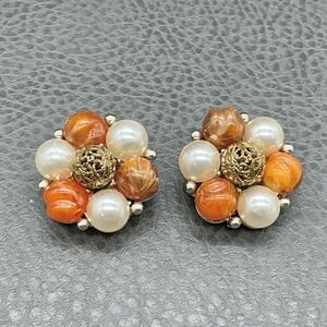 Vintage Lisner Clip On Earrings Cluster Flower Faux Pearl Orange Bead Gold Tone